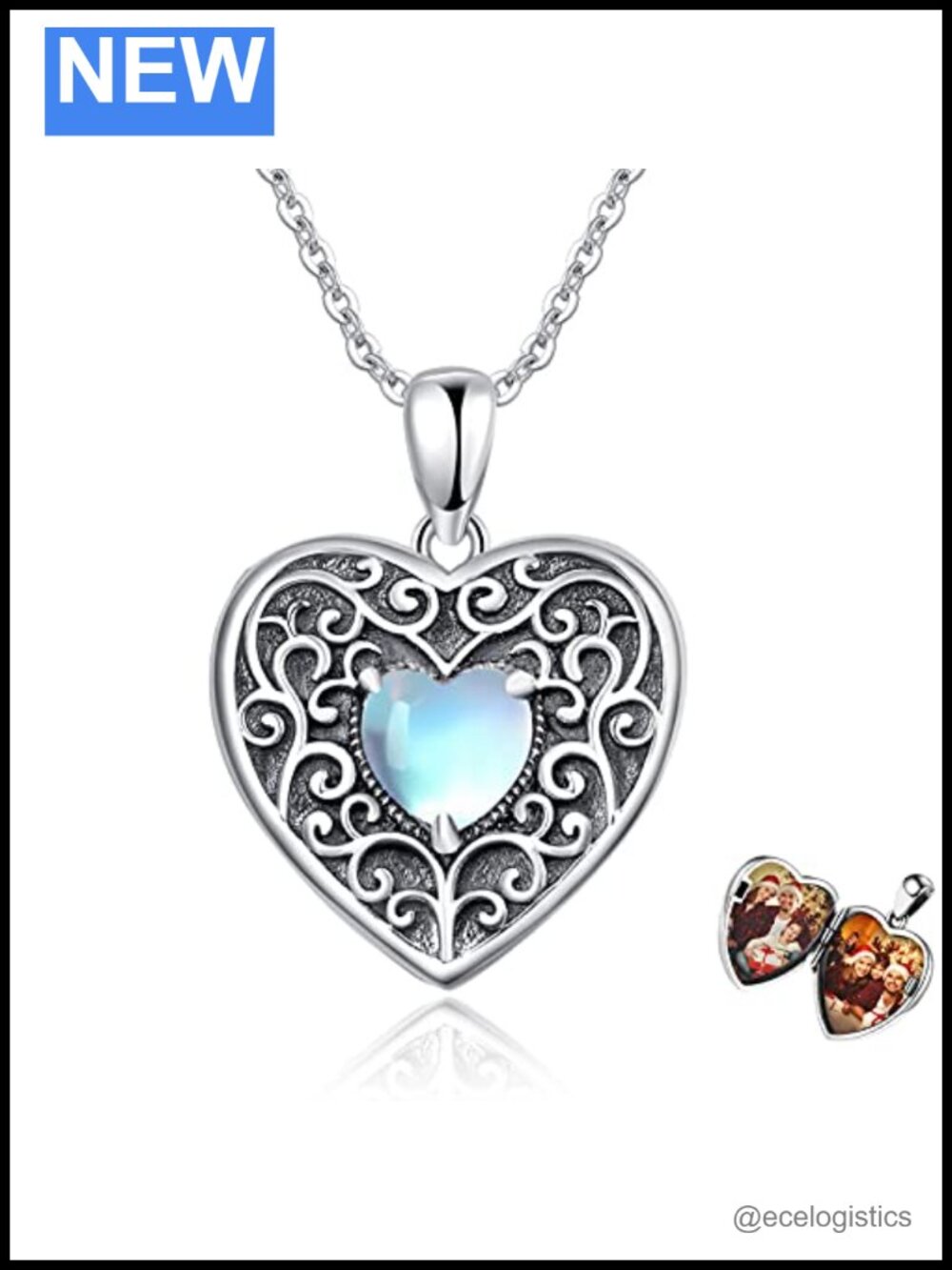 Sterling Silver Moonstone Heart Locket Necklace Holds Pictures Adjustable 18in